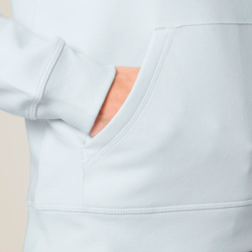 Unisex Organic Midweight Recycled Hoodie Blue Ice sleeves model Meaningful Life