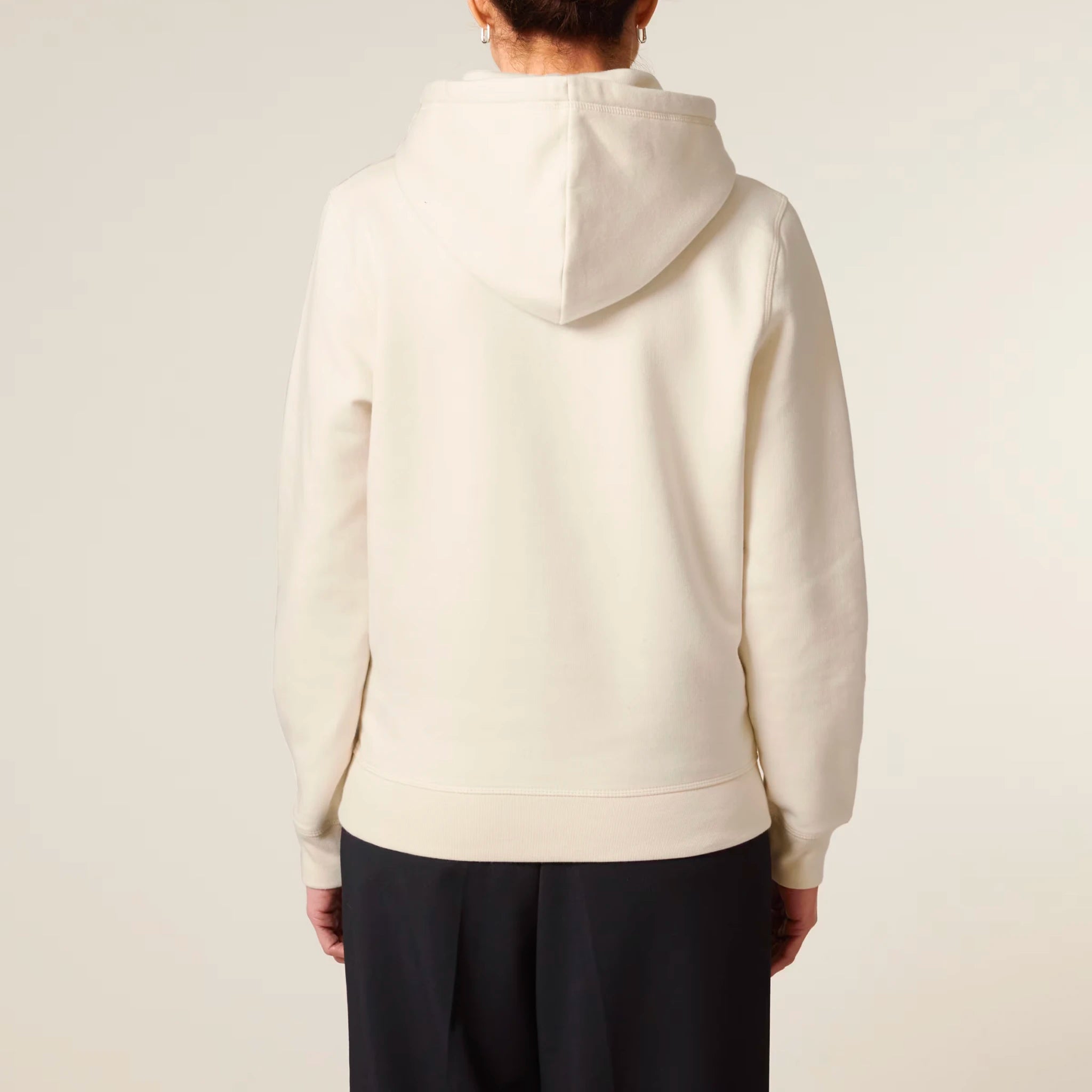 Unisex Organic Midweight Recycled Hoodie Natural Raw model female back Meaningful Life