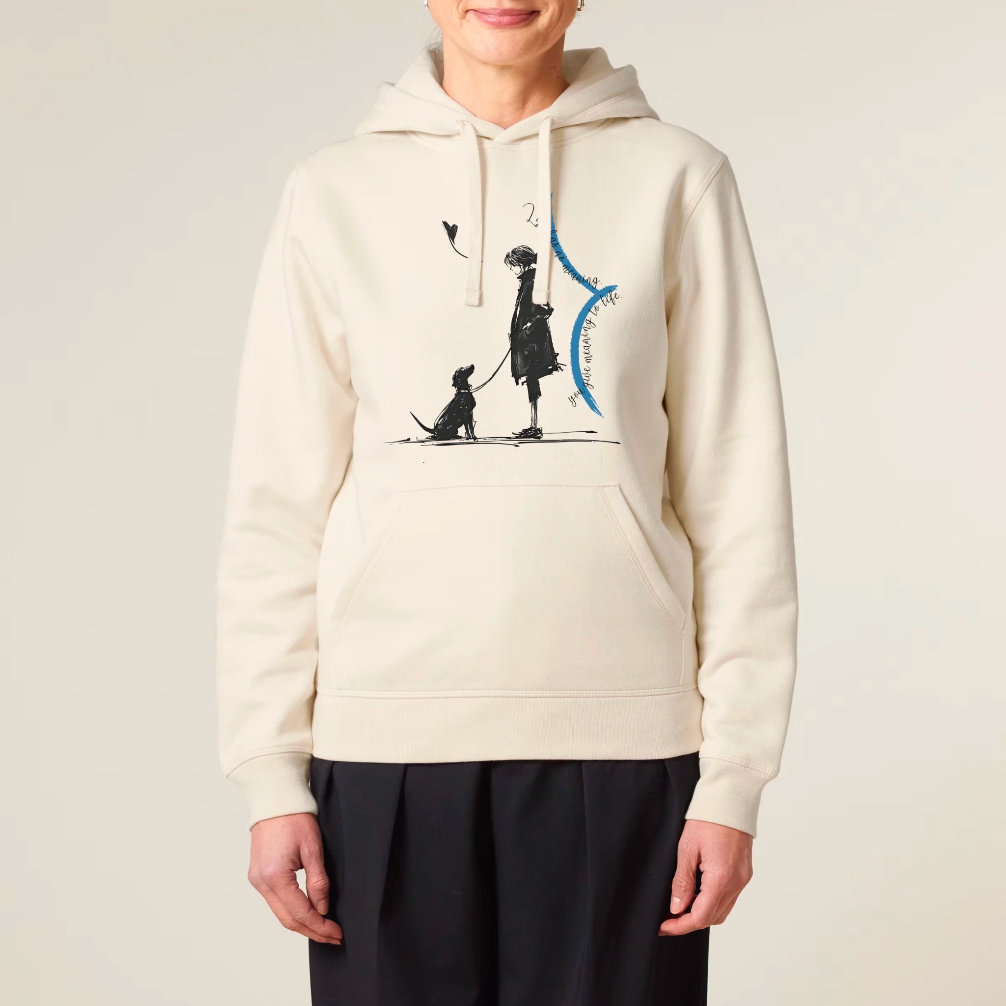 Unisex Organic Midweight Recycled Hoodie Natural Raw model female front Meaningful Life