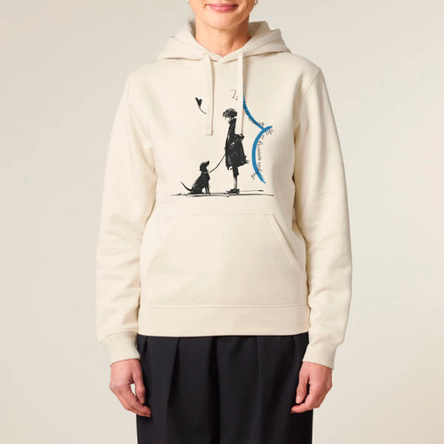 Unisex Organic Midweight Recycled Hoodie Natural Raw model female front Meaningful Life