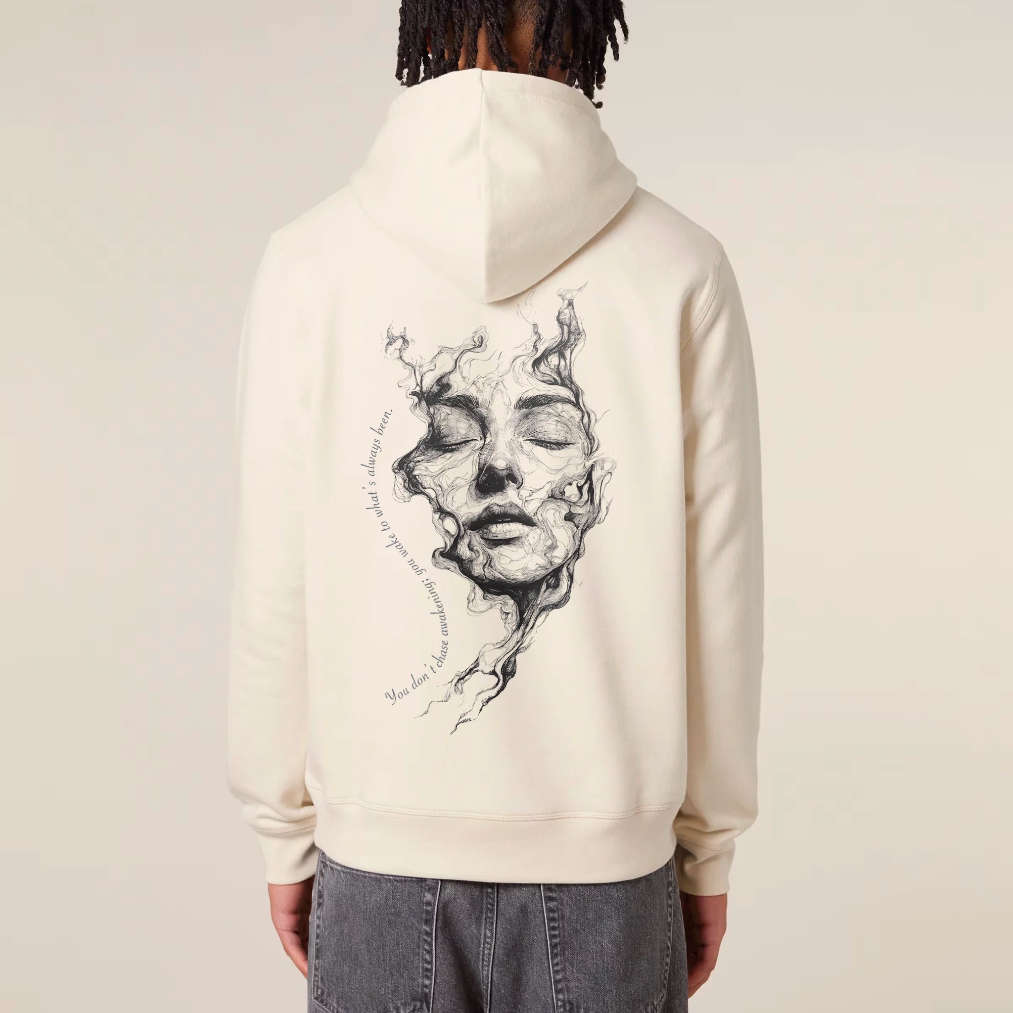 Unisex Organic Midweight Recycled Hoodie Natural Raw model male back Always Been