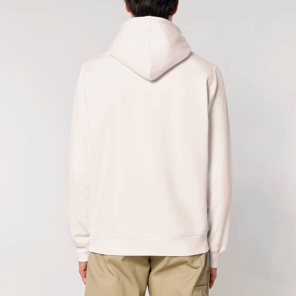 Unisex Organic Midweight Recycled Hoodie Vintage White model male back Meaningful Life