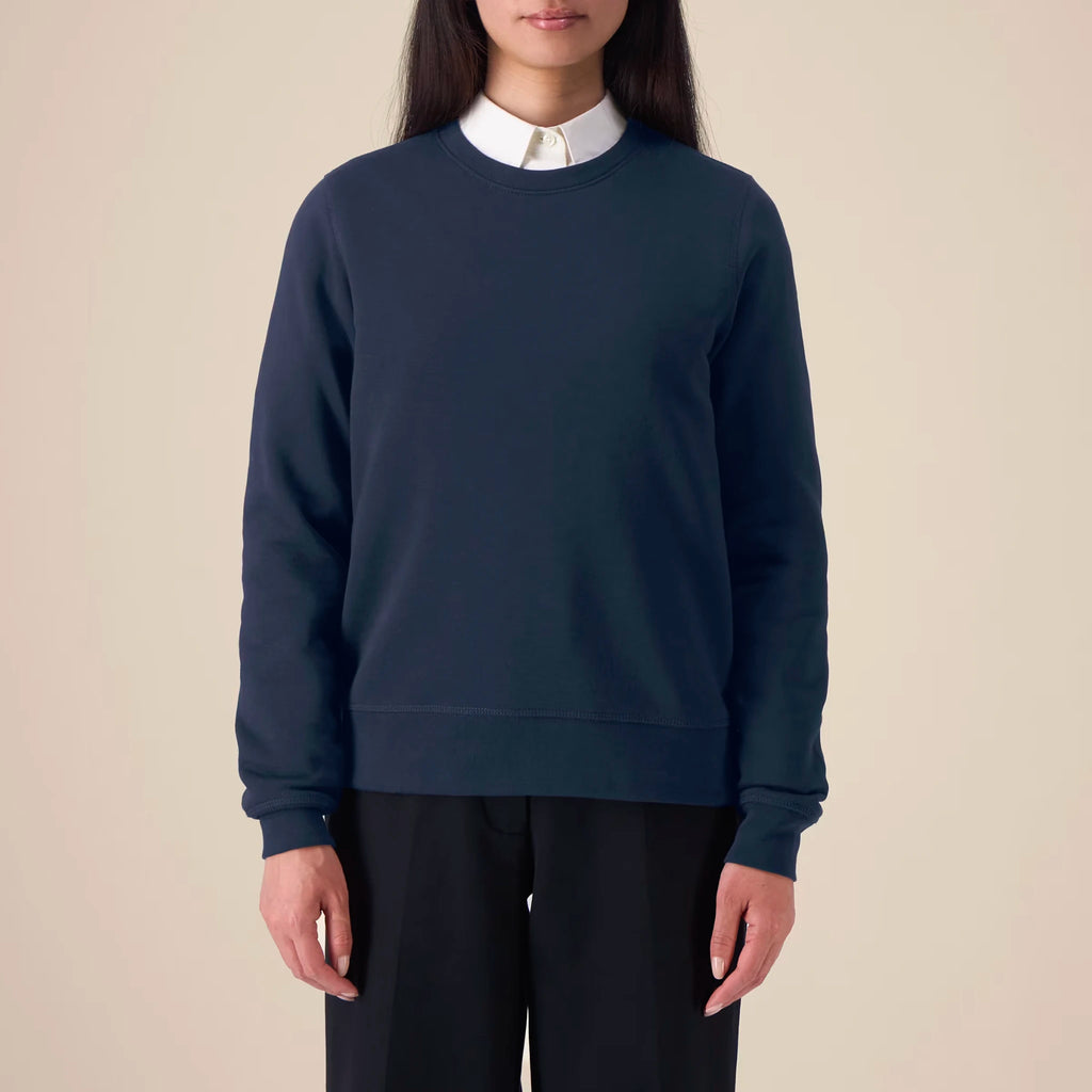 Unisex Organic Midweight Recycled Sweatshirt French Navy model female front Chaos Dy Design