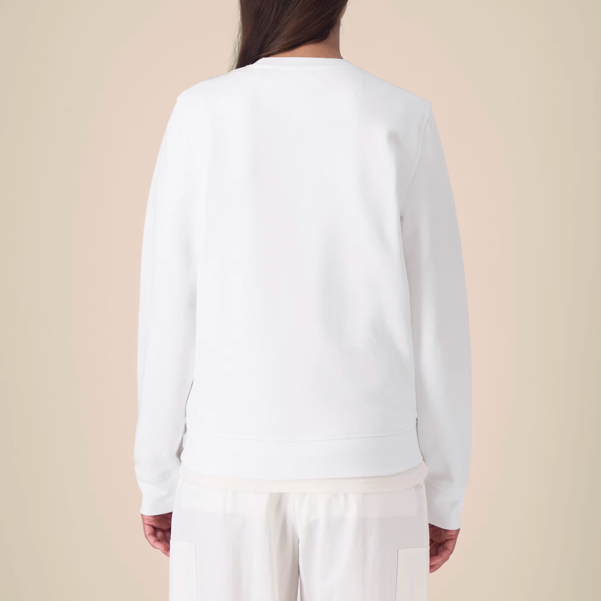 Unisex Organic Midweight Recycled Sweatshirt White model female back Conscious Creator