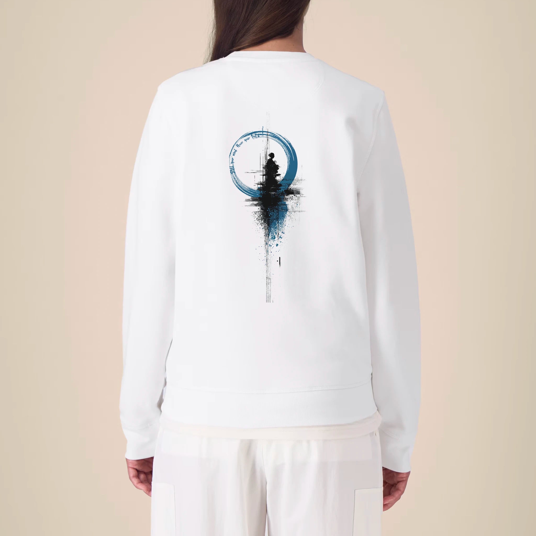 Unisex Organic Midweight Recycled Sweatshirt White model female back Inner Truth