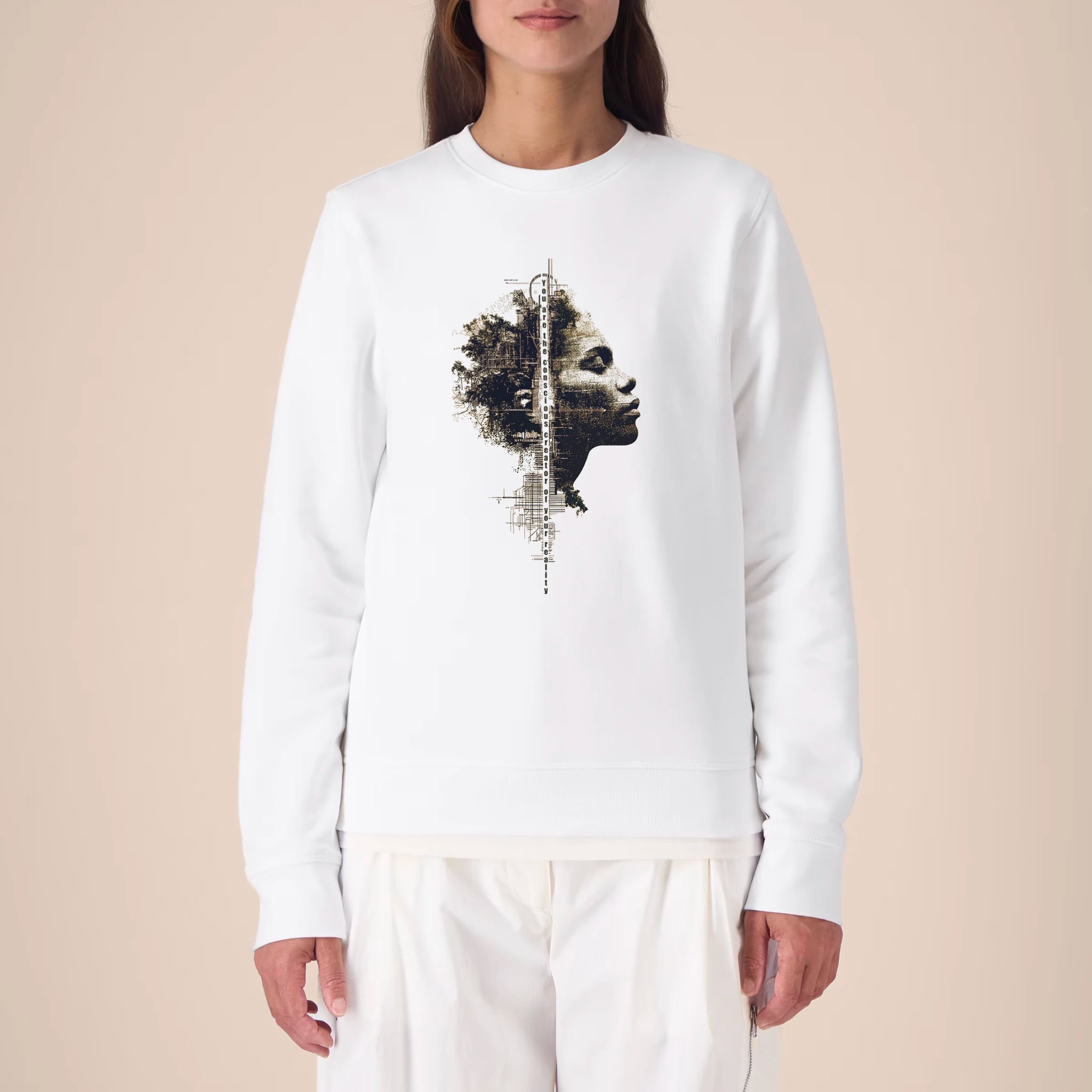 Unisex Organic Midweight Recycled Sweatshirt White model female front Conscious Creator