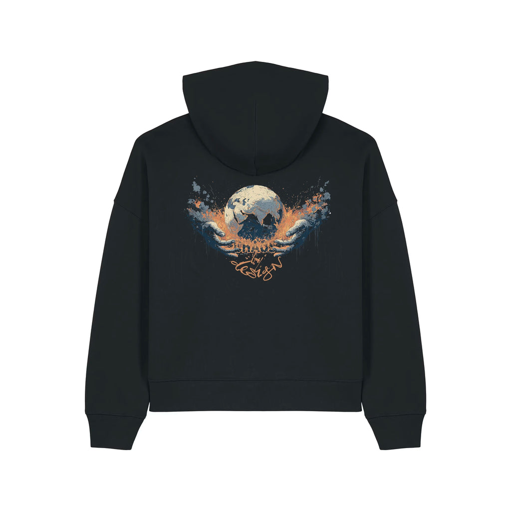 Women's Organic Crop Hoodie Black back Chaos Dy Design