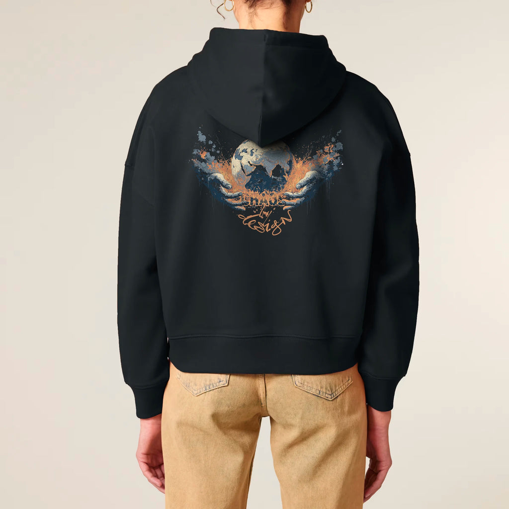 Women's Organic Crop Hoodie Black model female back Chaos Dy Design