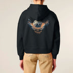 Women's Organic Crop Hoodie Black model female back Chaos Dy Design