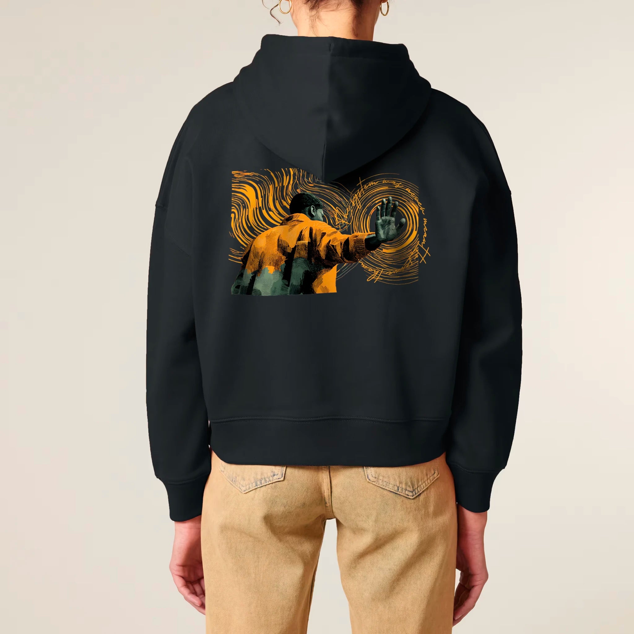 Women's Organic Crop Hoodie Black model female back Hollow System