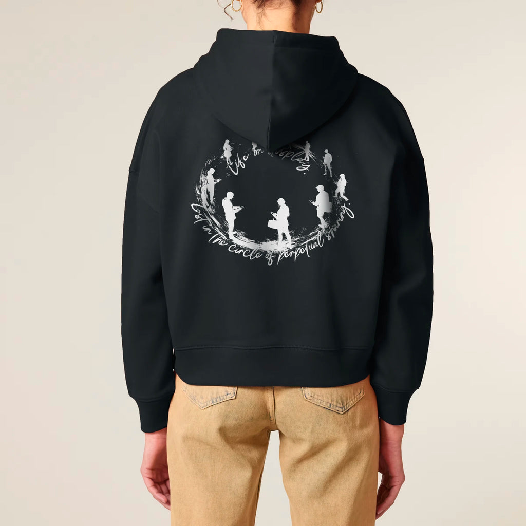 Women's Organic Crop Hoodie Black model female back Life on Display