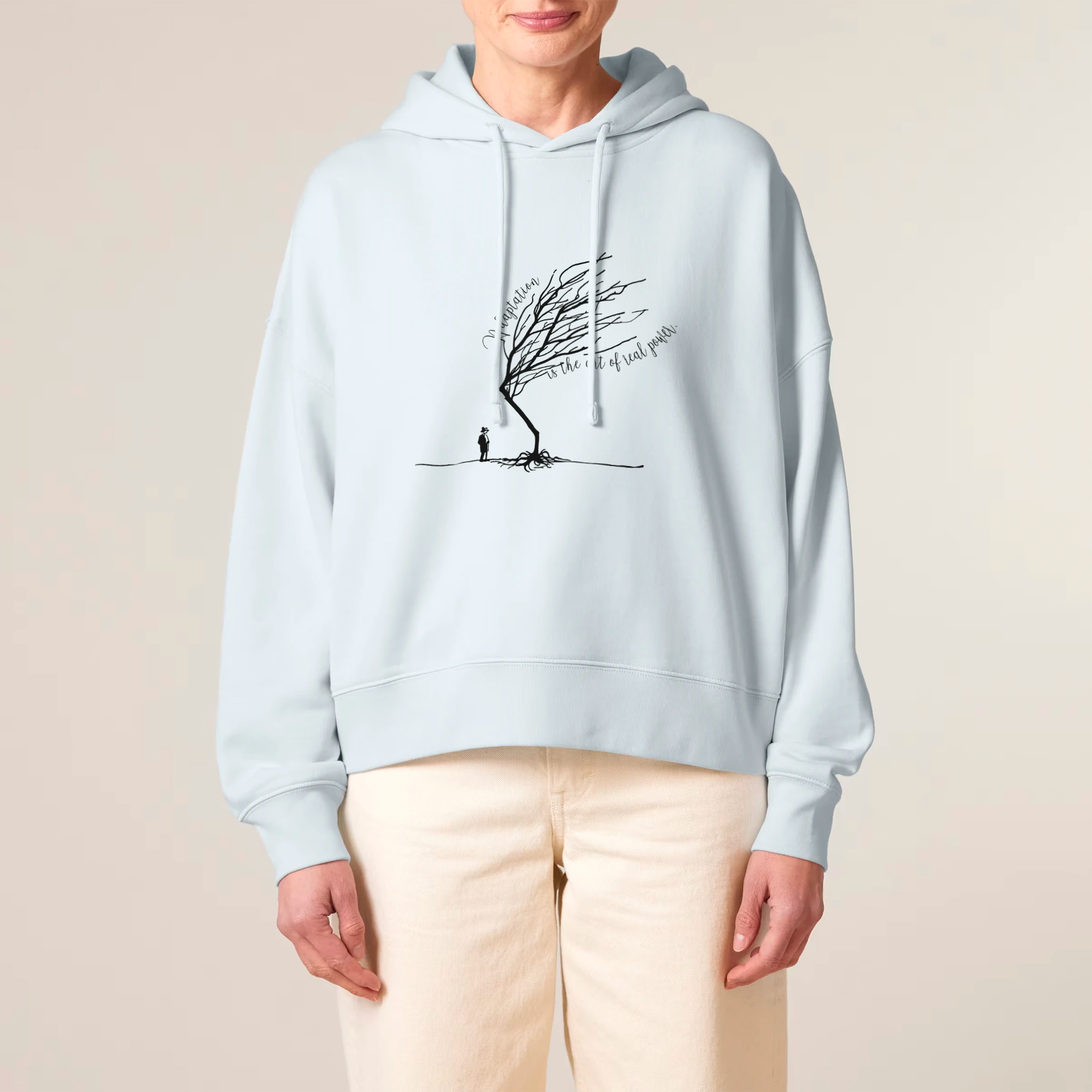 Women's Organic Crop Hoodie Blue Ice model female front Bend Not Break