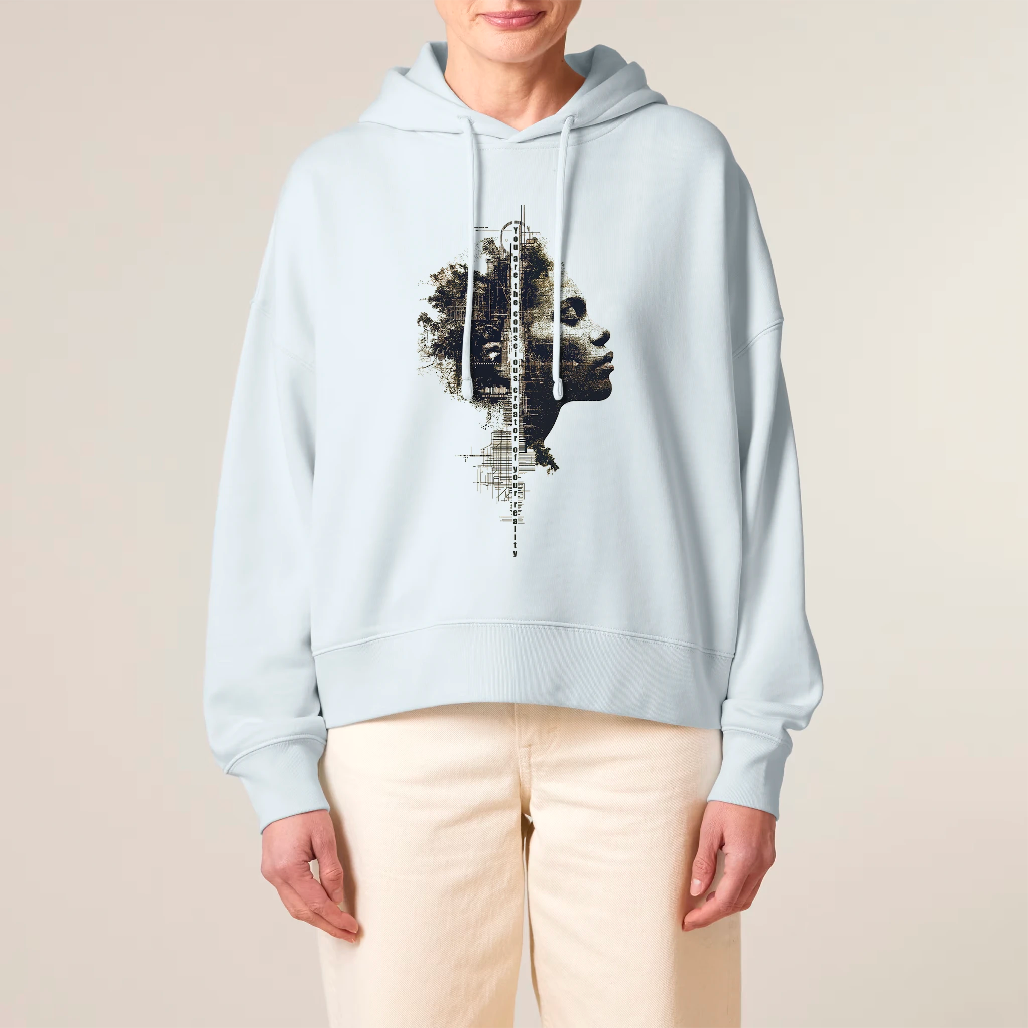Women's Organic Crop Hoodie Blue Ice model female front Conscious Creator