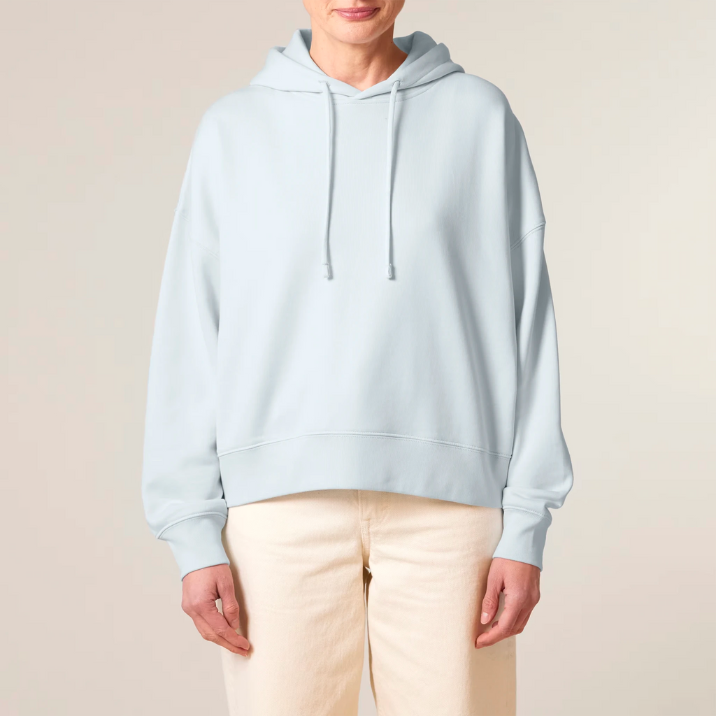 Women's Organic Crop Hoodie Blue Ice model female front No Limits