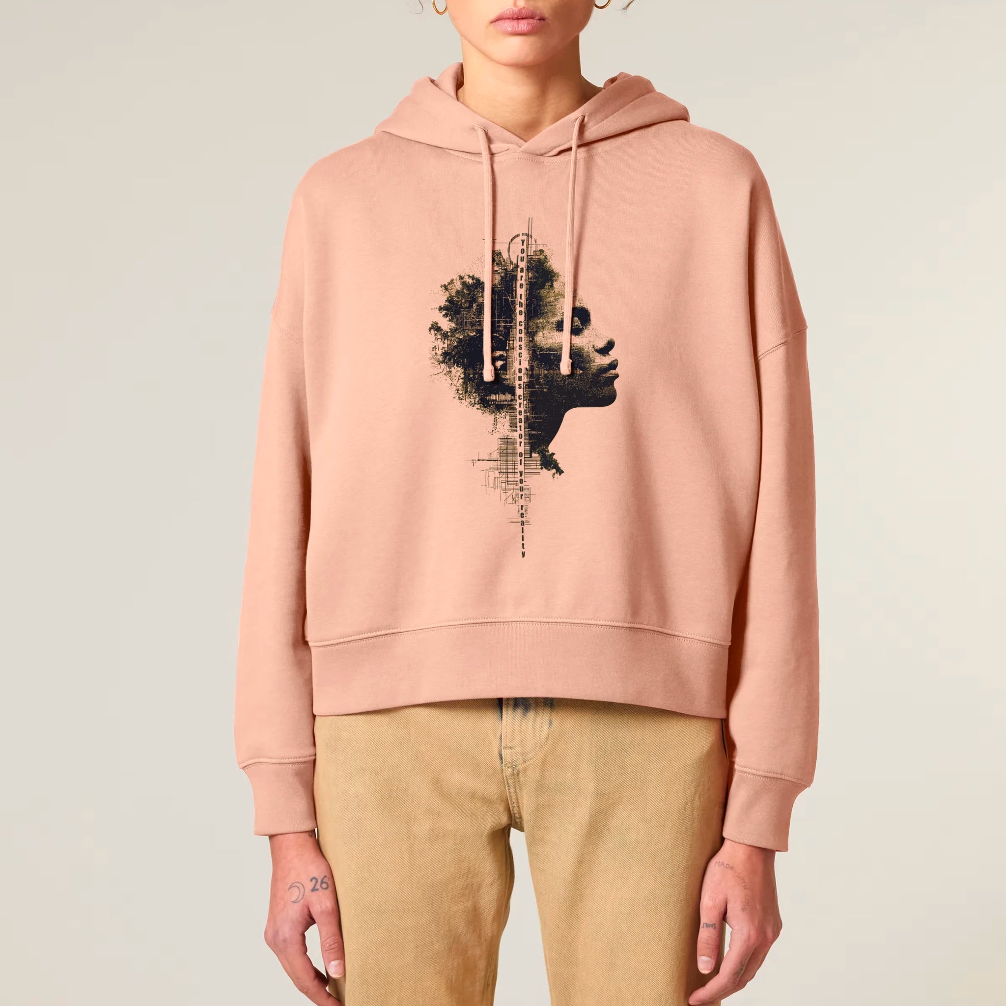 Women's Organic Crop Hoodie Fraiche Peche model female front Conscious Creator