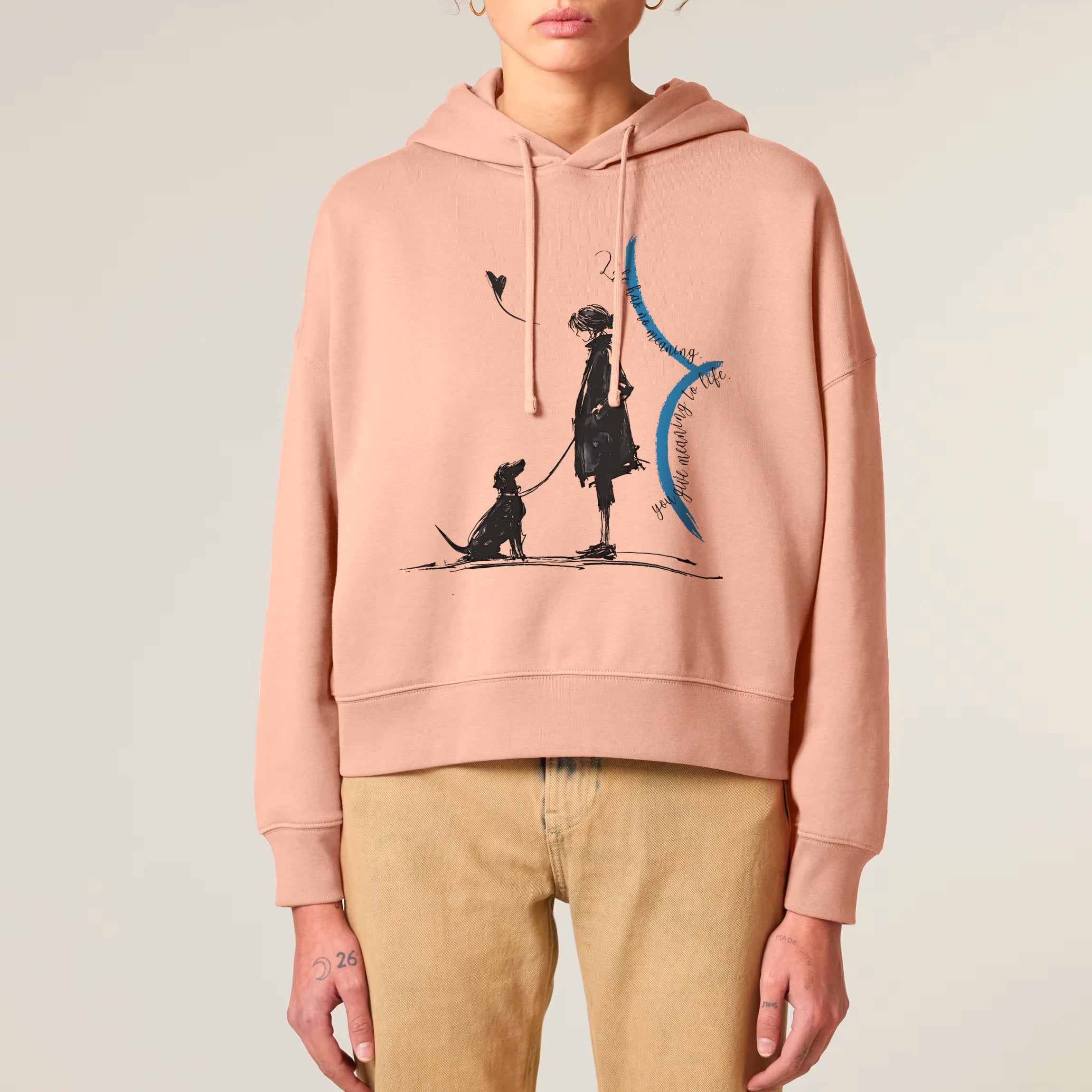 Women's Organic Crop Hoodie Fraiche Peche model female front Meaningful Life