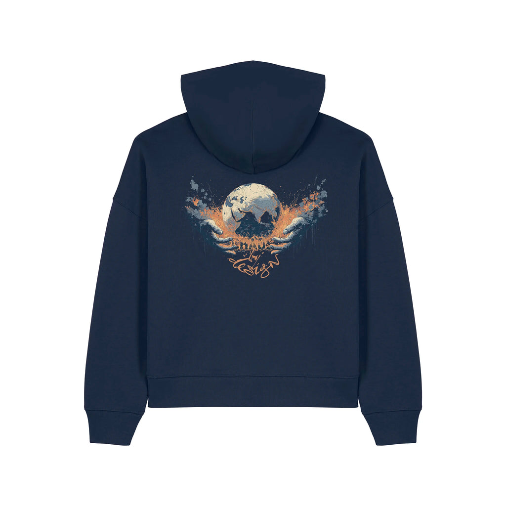 Women's Organic Crop Hoodie French Navy back Chaos Dy Design