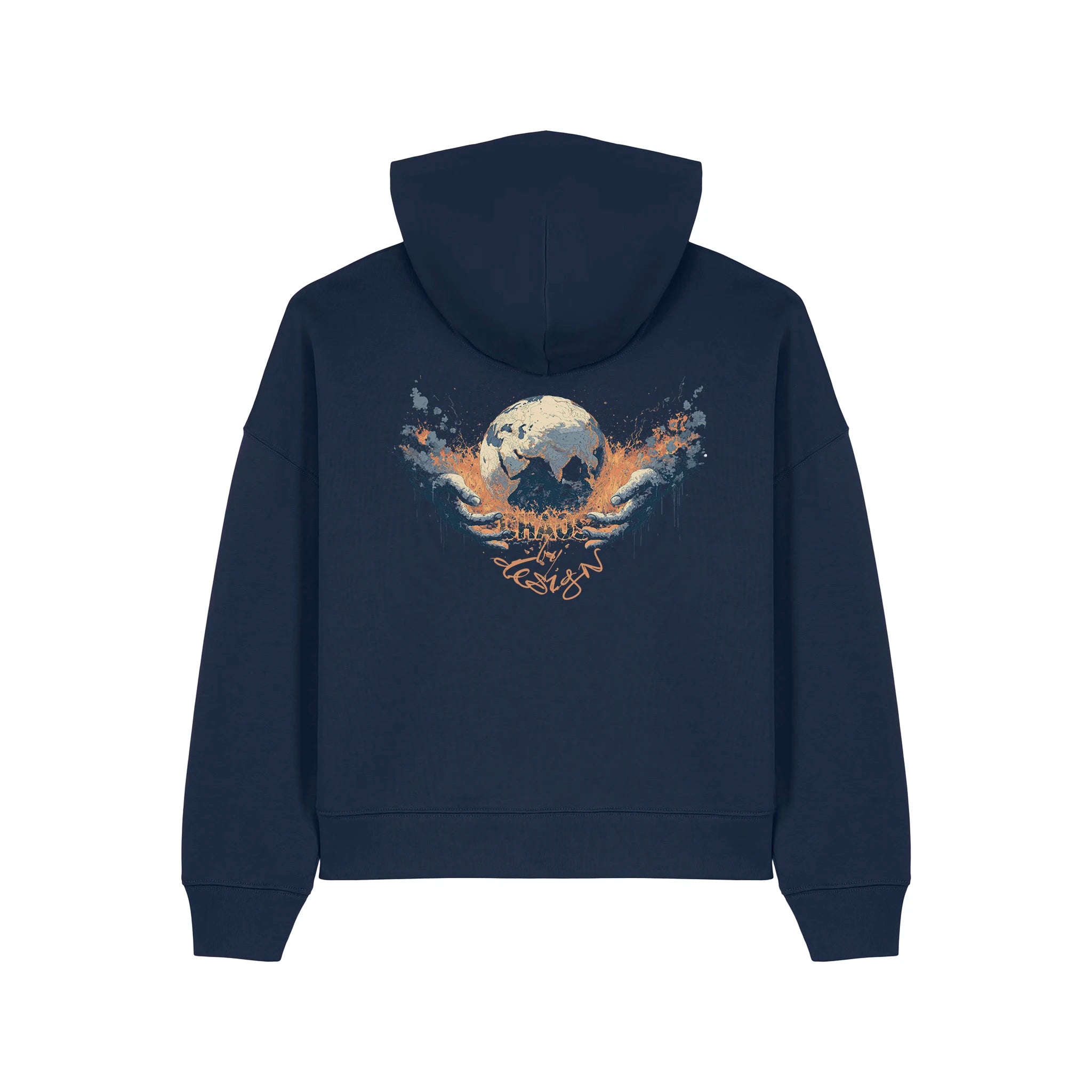 Women's Organic Crop Hoodie French Navy back Chaos Dy Design