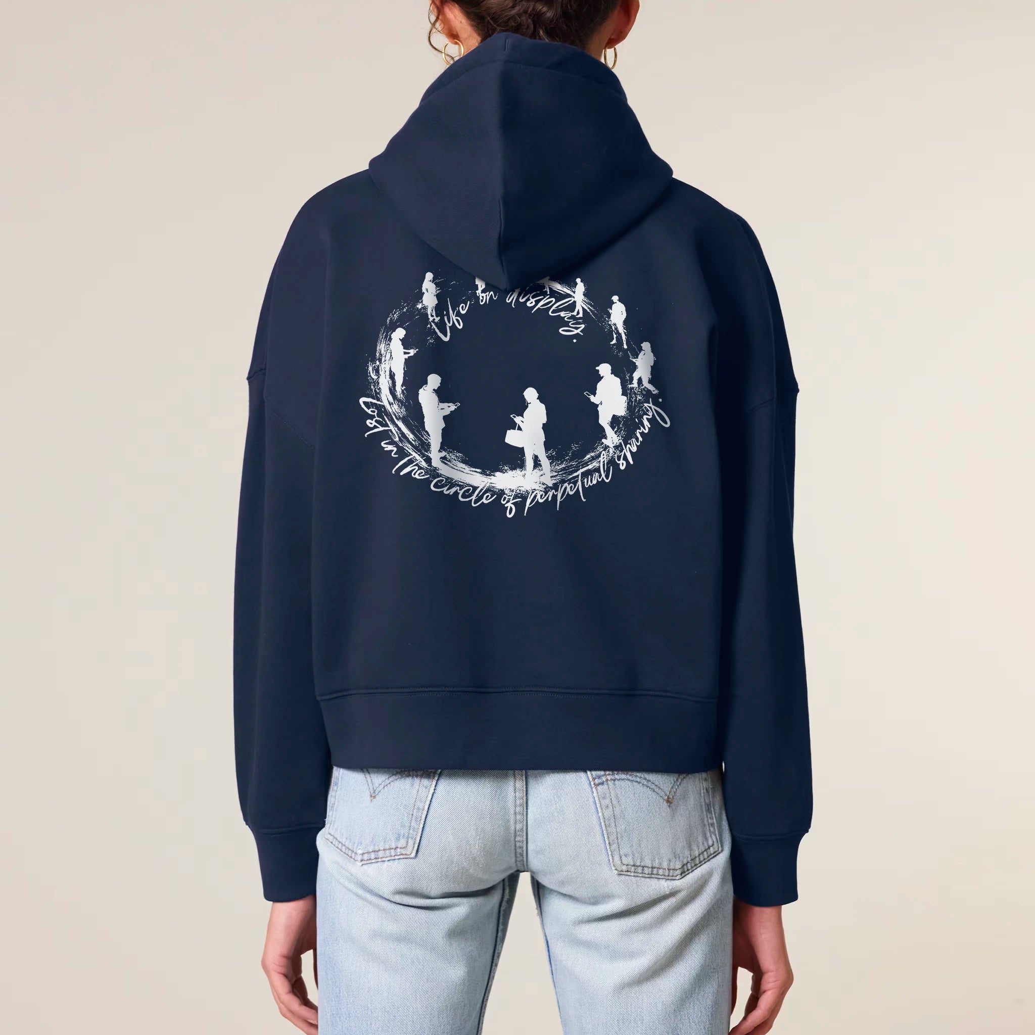 Women's Organic Crop Hoodie French Navy model female back Life on Display