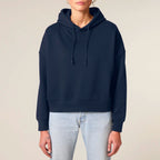 Women's Organic Crop Hoodie French Navy model female front Chaos Dy Design