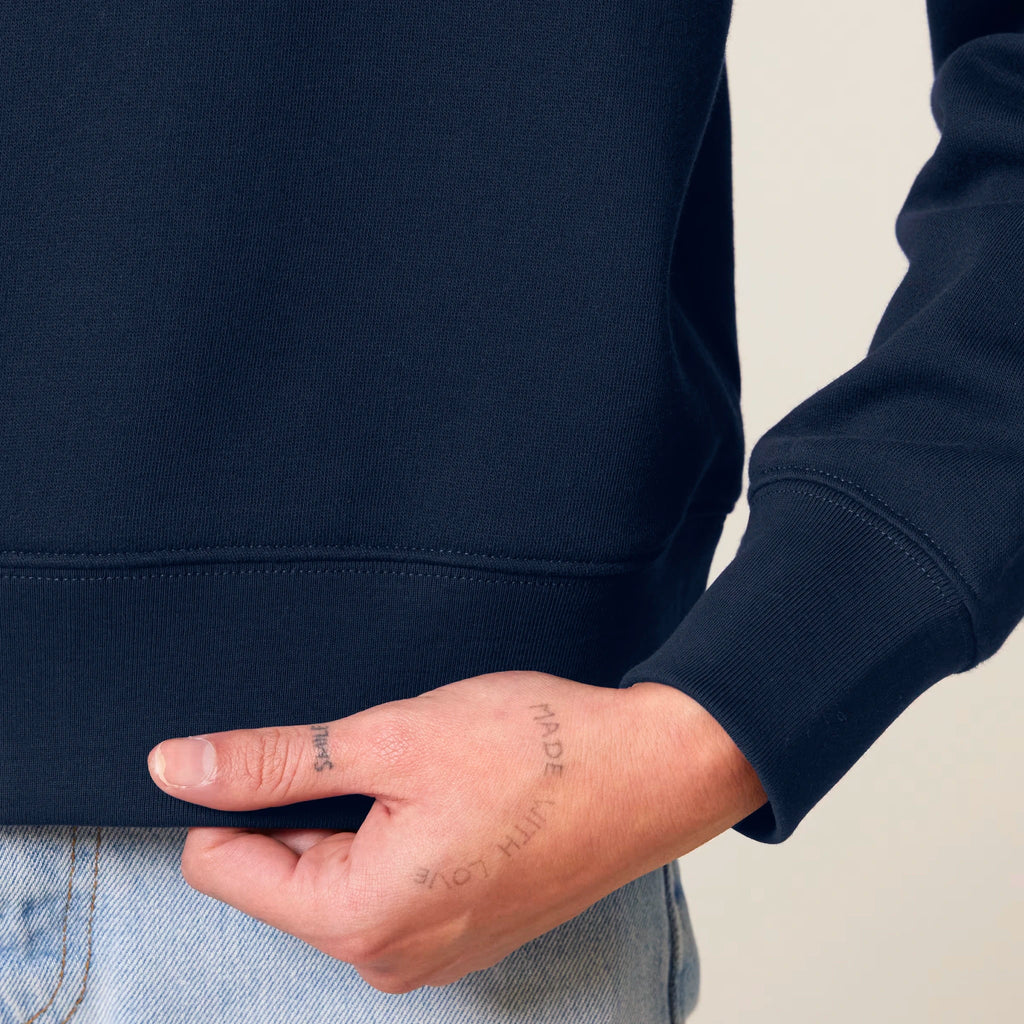 Women's Organic Crop Hoodie French Navy sleeves Life on Display