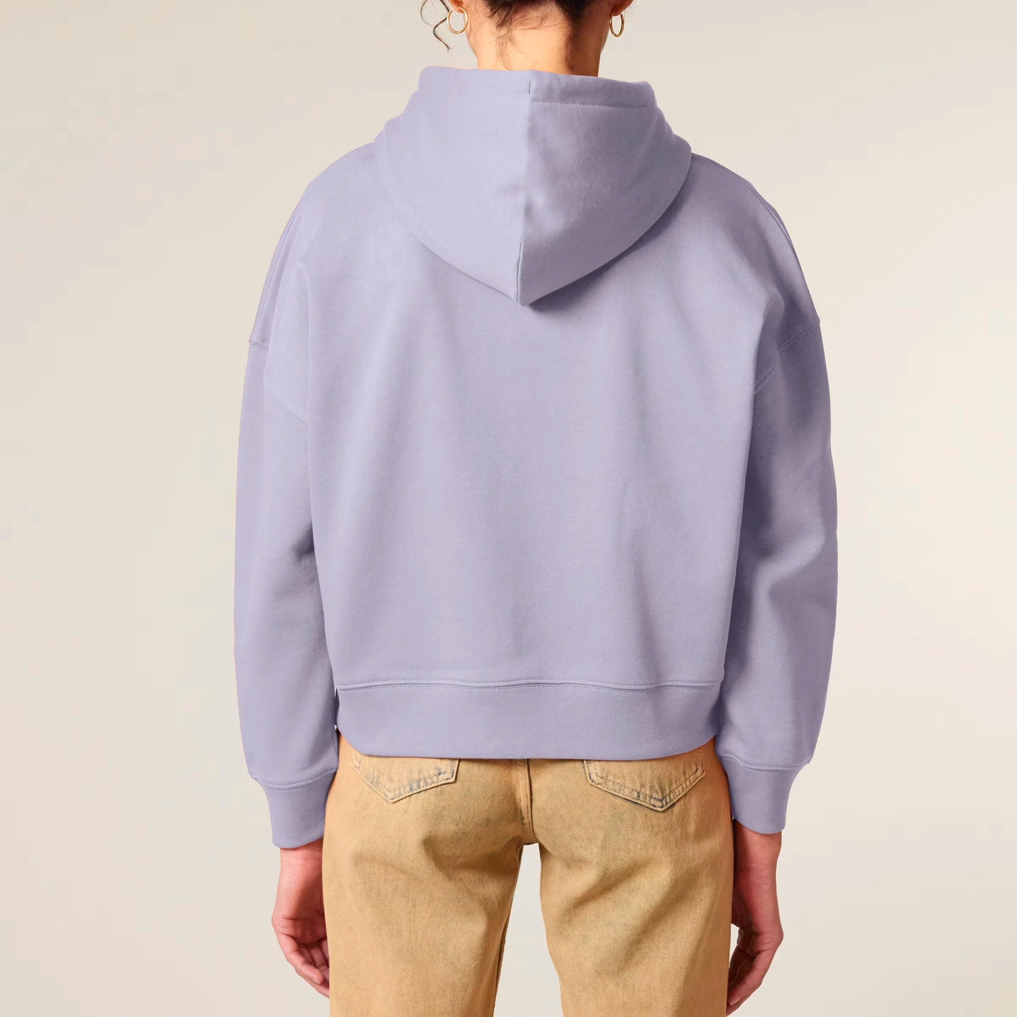 Women's Organic Crop Hoodie Lavender model female back Bend Not Break