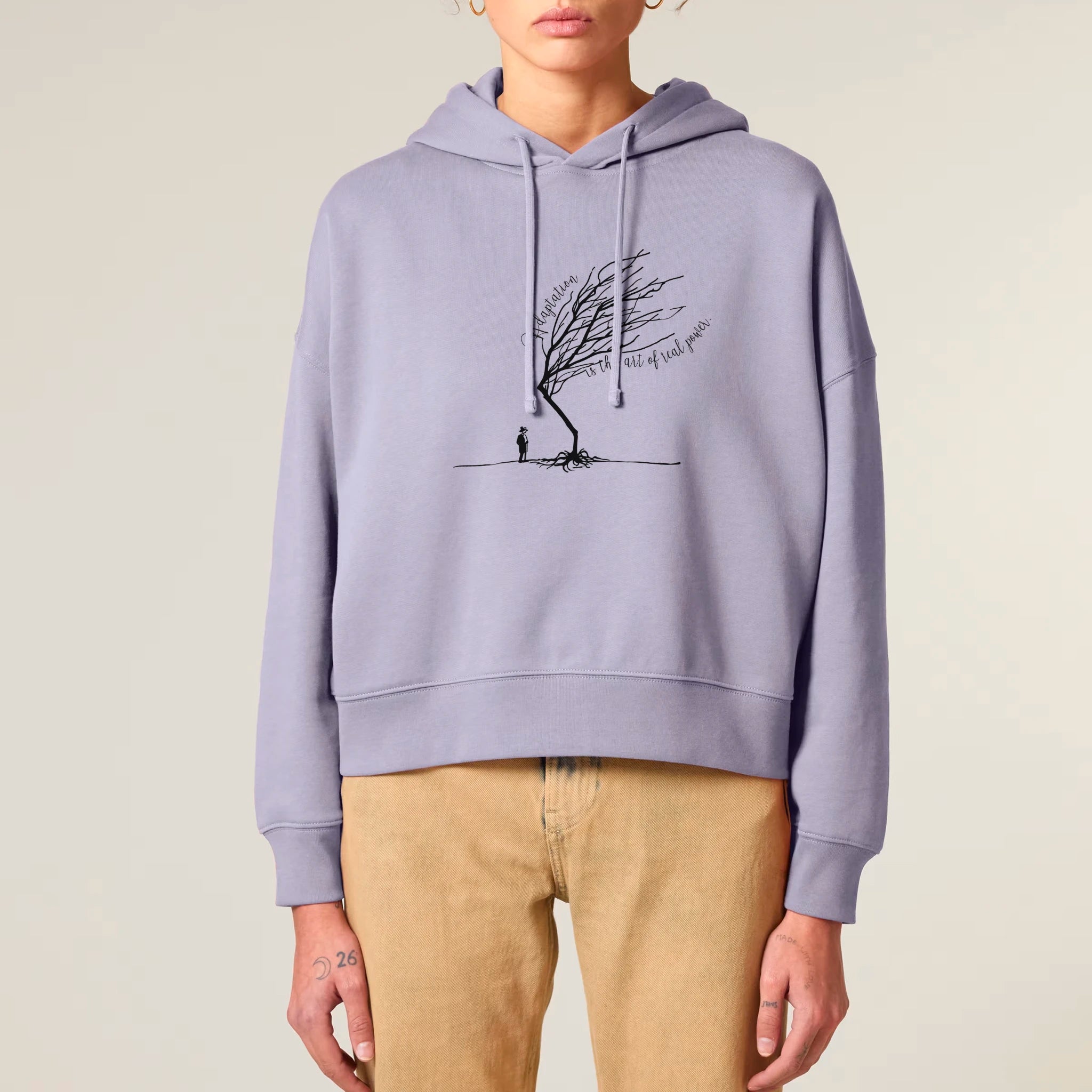 Women's Organic Crop Hoodie Lavender model female front Bend Not Break