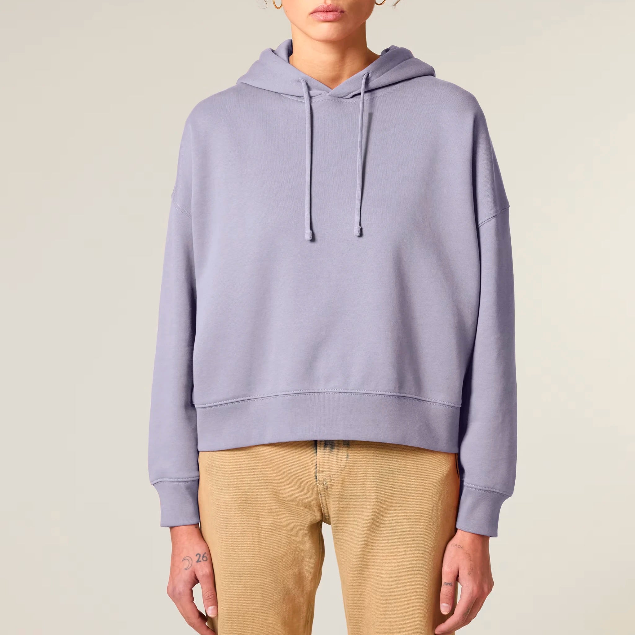 Women's Organic Crop Hoodie Lavender model female front Vaniform