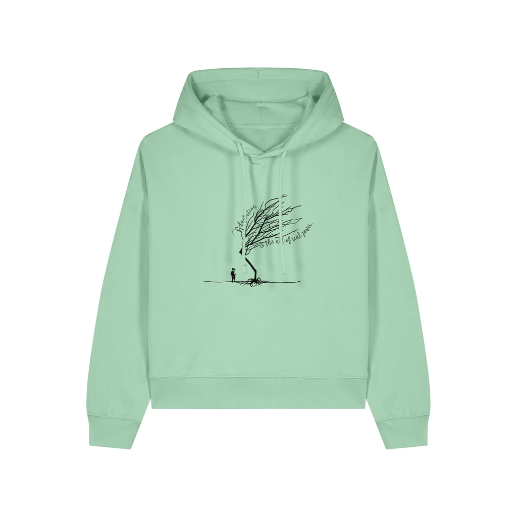 Women's Organic Crop Hoodie Misty Jade front Bend Not Break