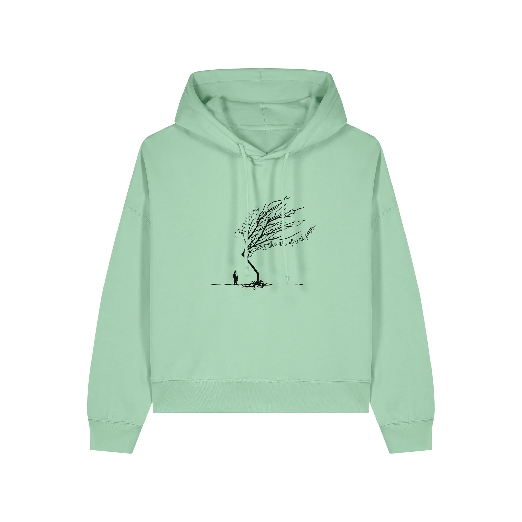 Women's Organic Crop Hoodie Misty Jade front Bend Not Break