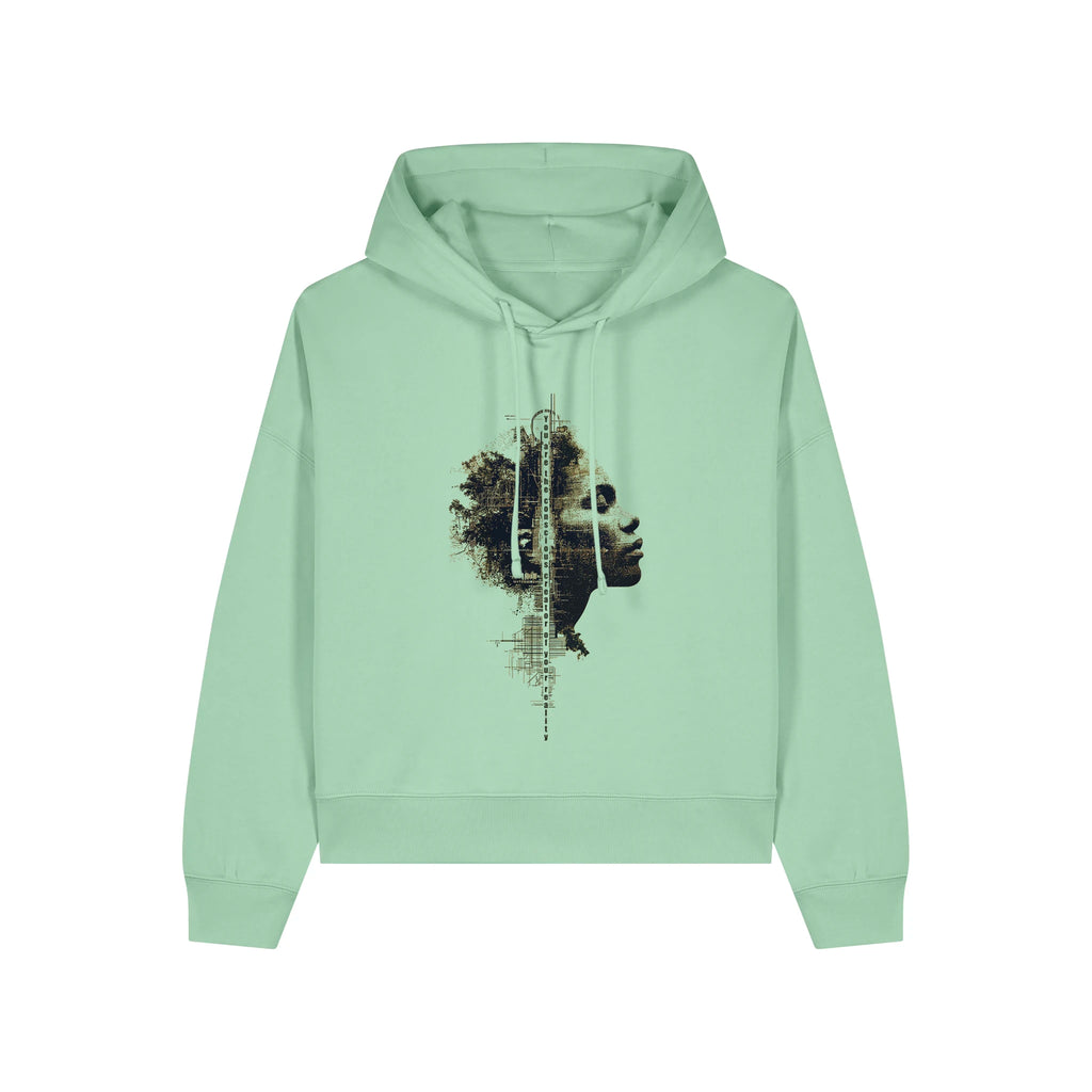 Women's Organic Crop Hoodie Misty Jade front Conscious Creator