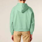 Women's Organic Crop Hoodie Misty Jade model female back Conscious Creator