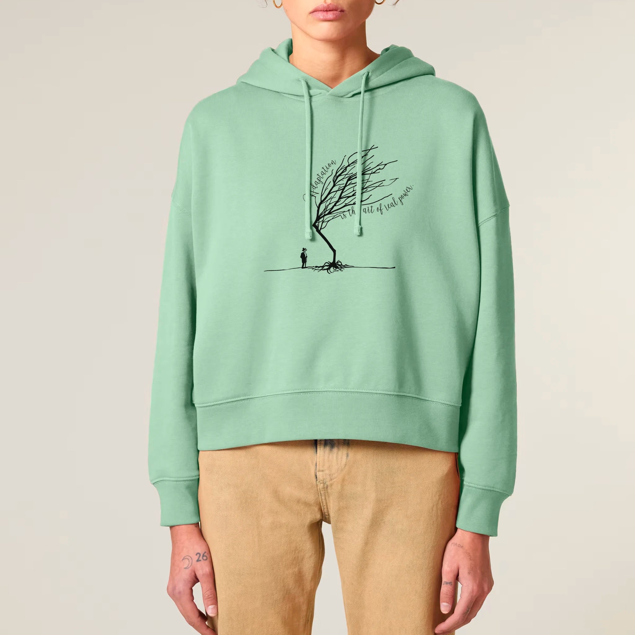 Women's Organic Crop Hoodie Misty Jade model female front Bend Not Break