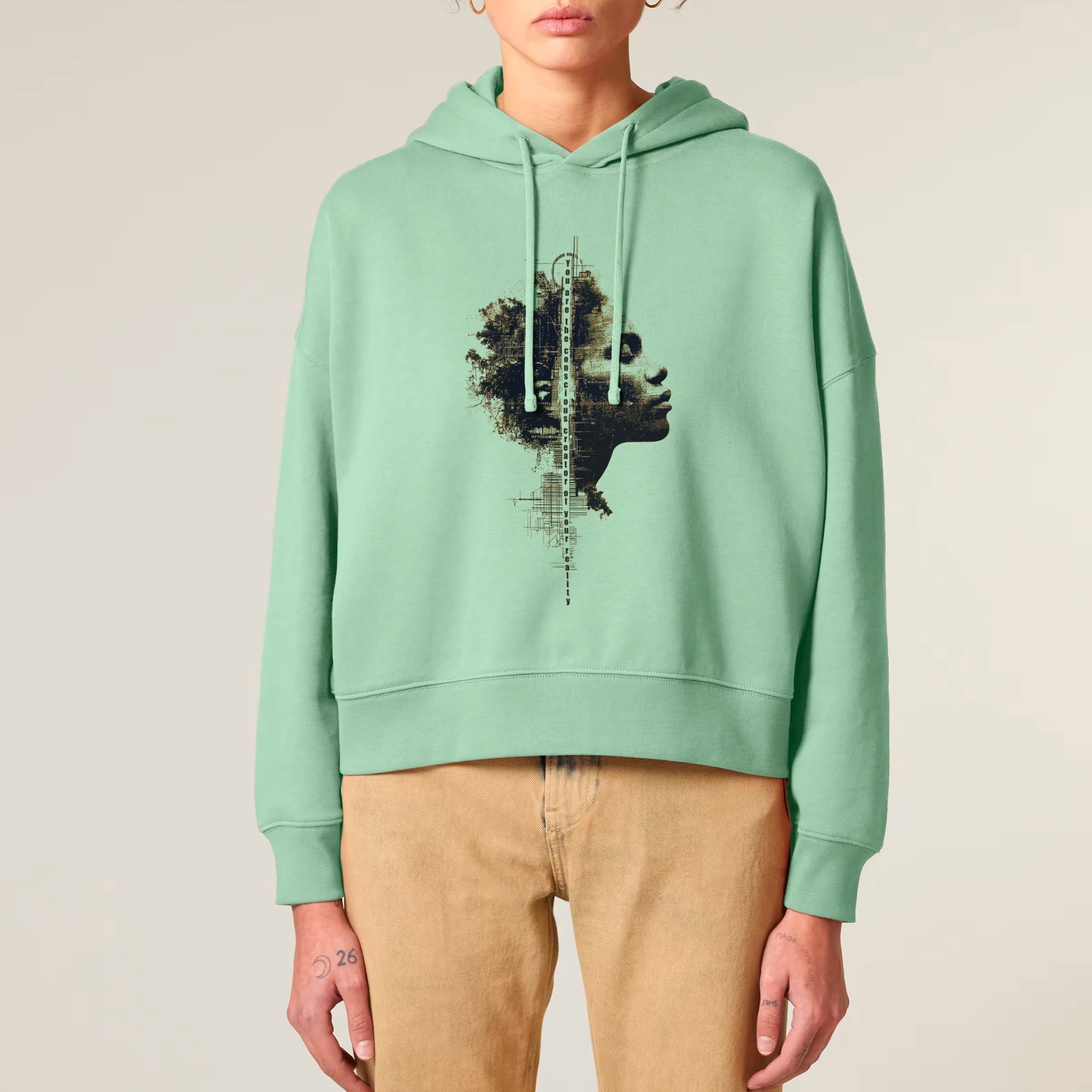 Women's Organic Crop Hoodie Misty Jade model female front Conscious Creator