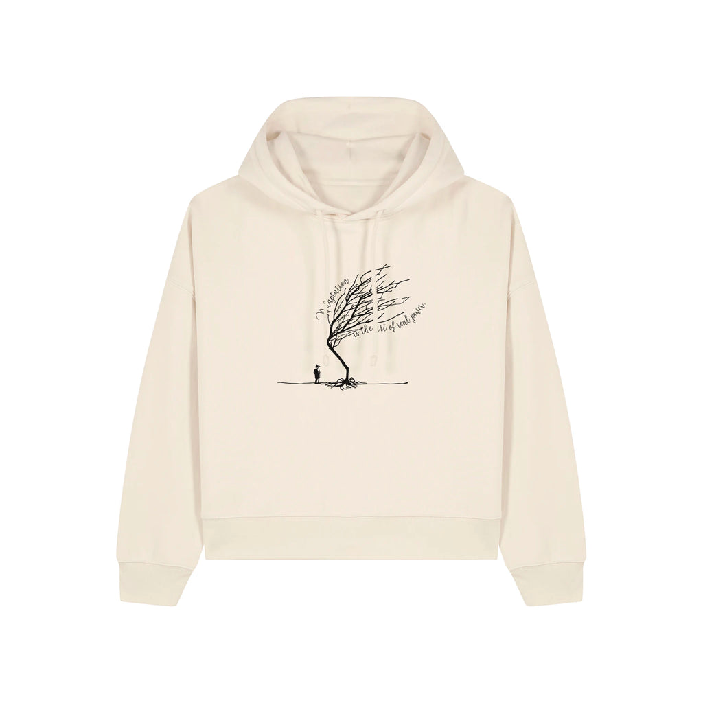 Women's Organic Crop Hoodie Natural Raw front Bend Not Break