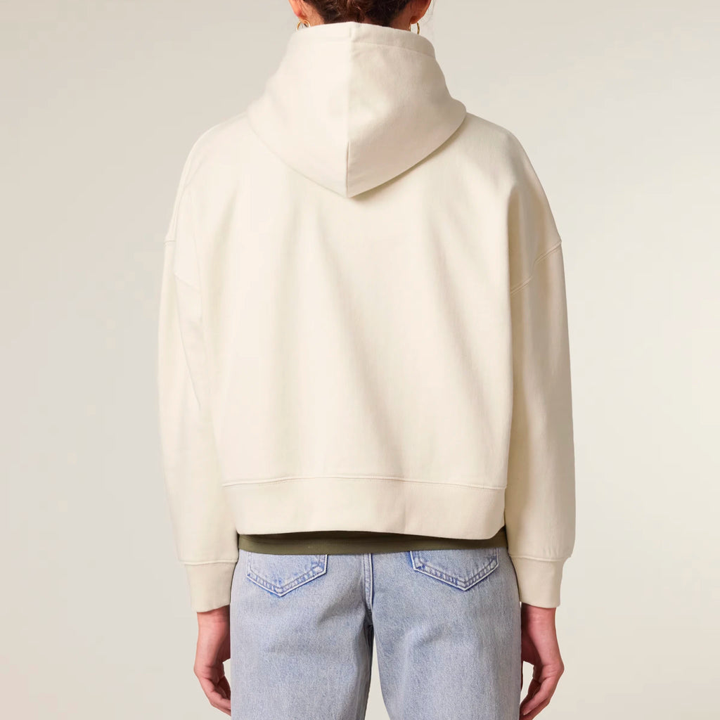 Women's Organic Crop Hoodie Natural Raw model female back Bend Not Break