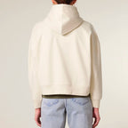 Women's Organic Crop Hoodie Natural Raw model female back Conscious Creator