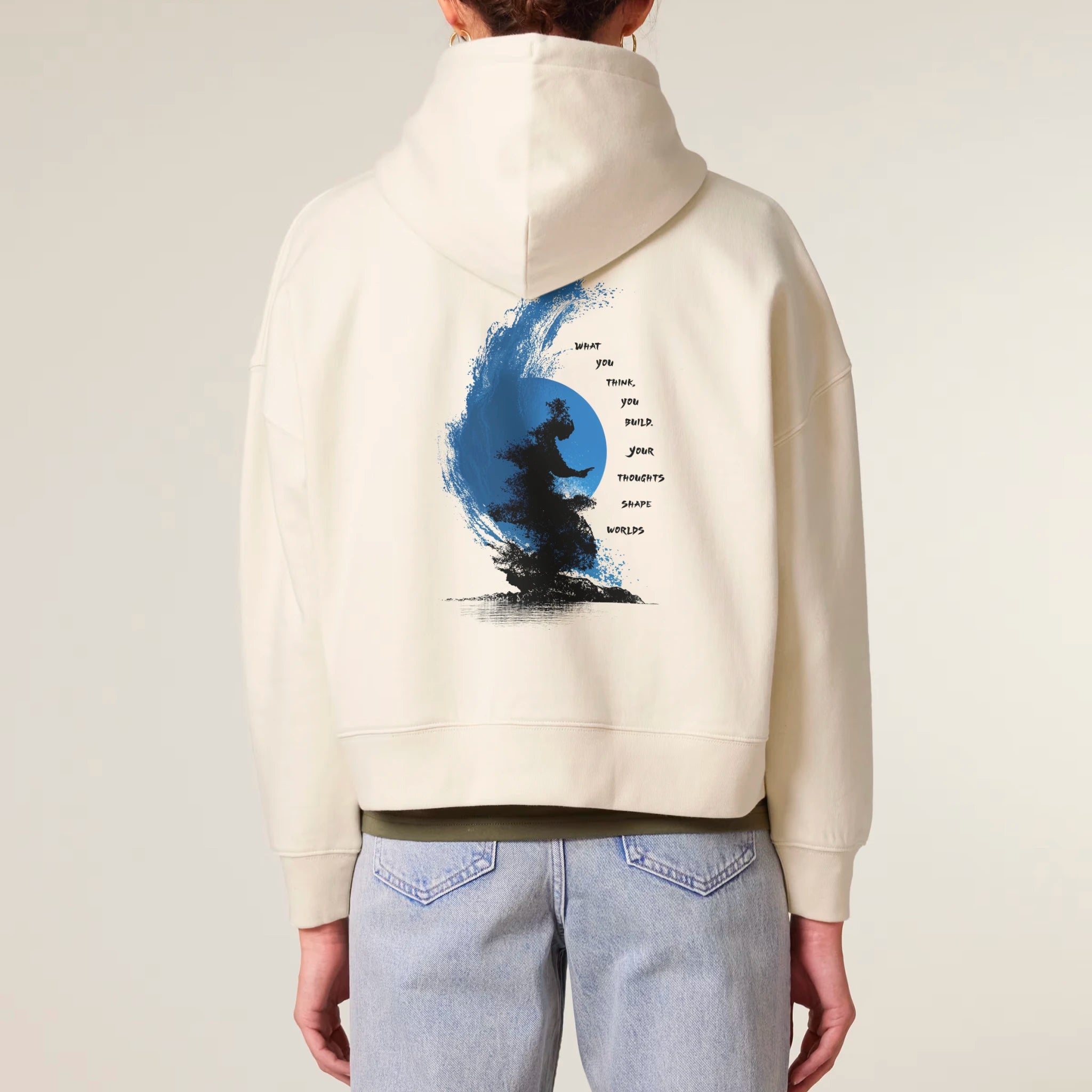 Women's Organic Crop Hoodie Natural Raw model female back No Limits