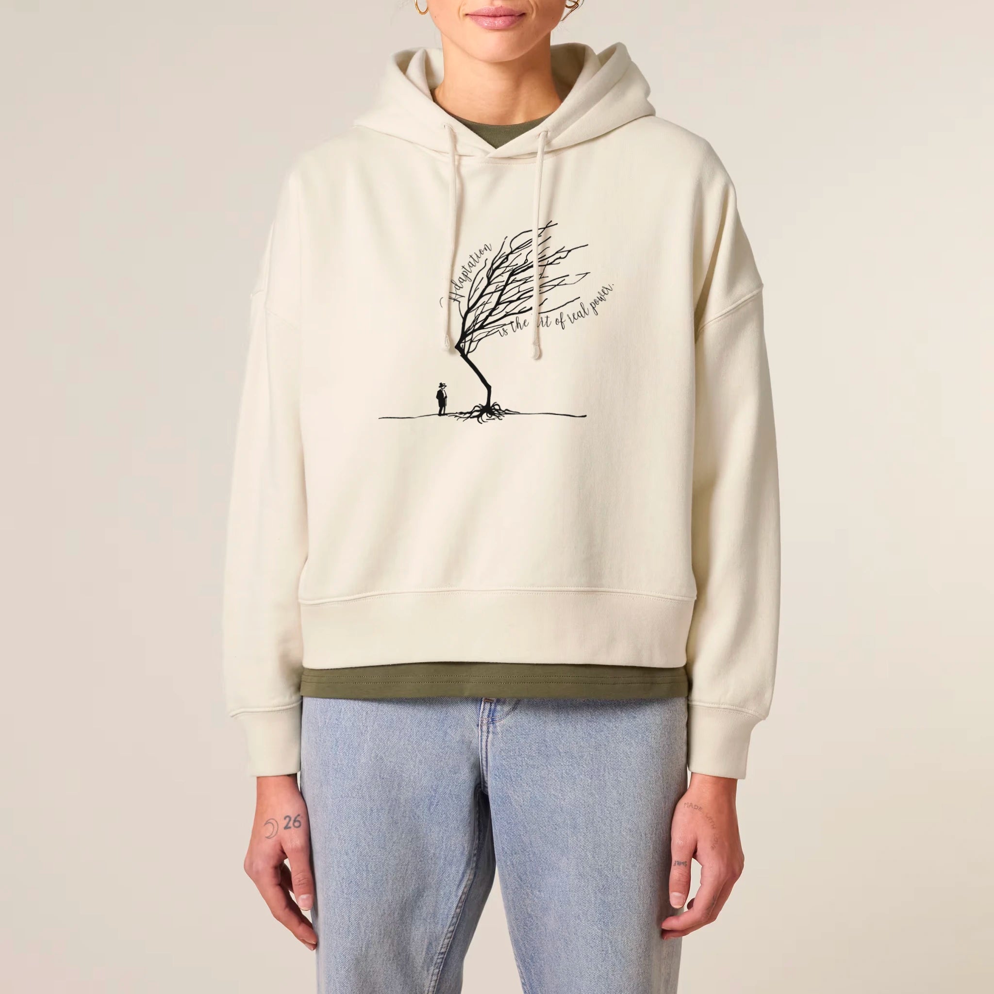 Women's Organic Crop Hoodie Natural Raw model female front Bend Not Break