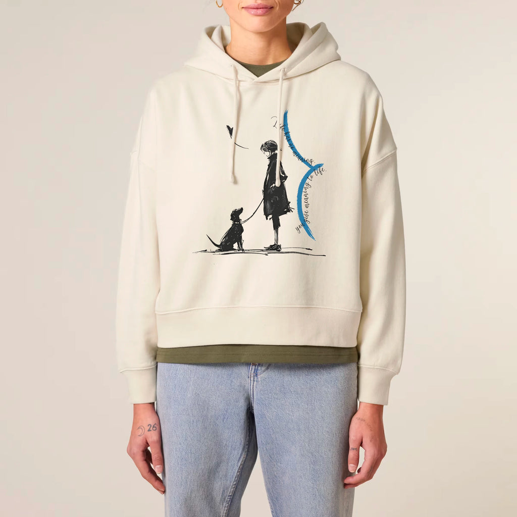 Women's Organic Crop Hoodie Natural Raw model female front Meaningful Life
