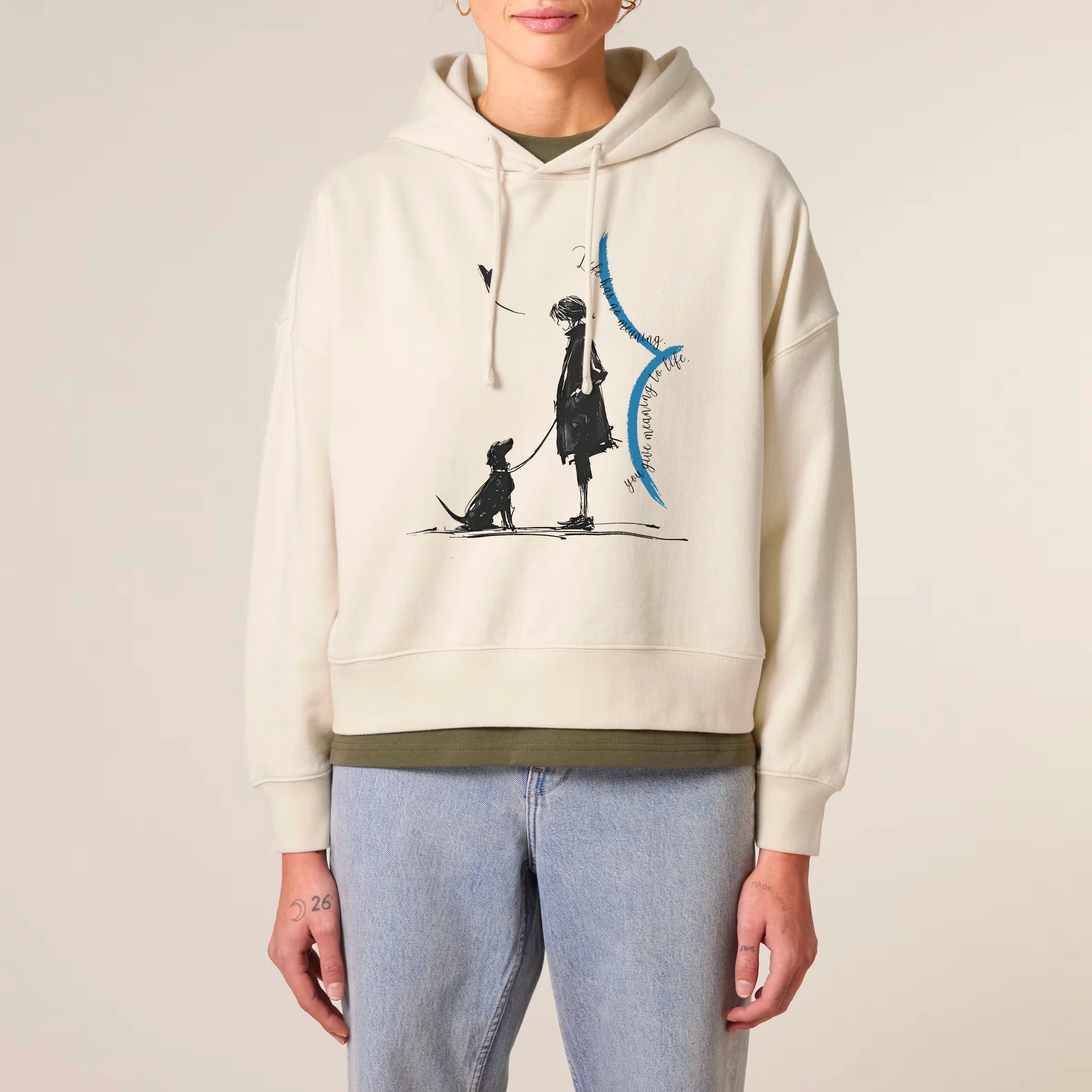 Women's Organic Crop Hoodie Natural Raw model female front Meaningful Life