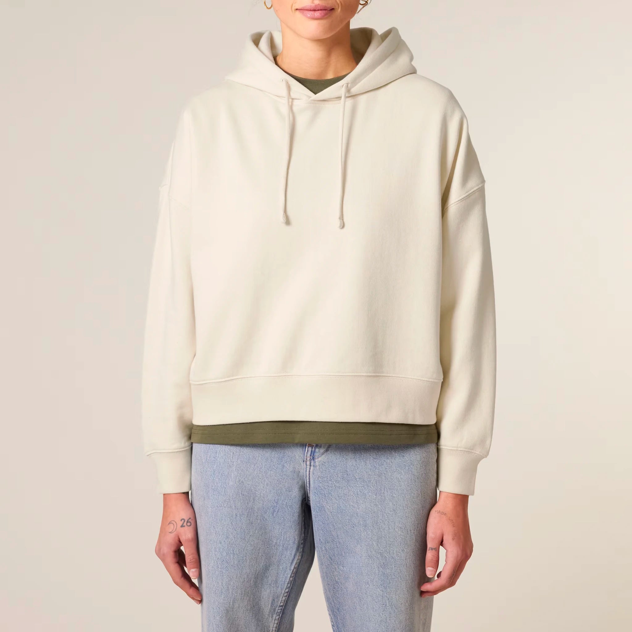 Women's Organic Crop Hoodie Natural Raw model female front No Limits