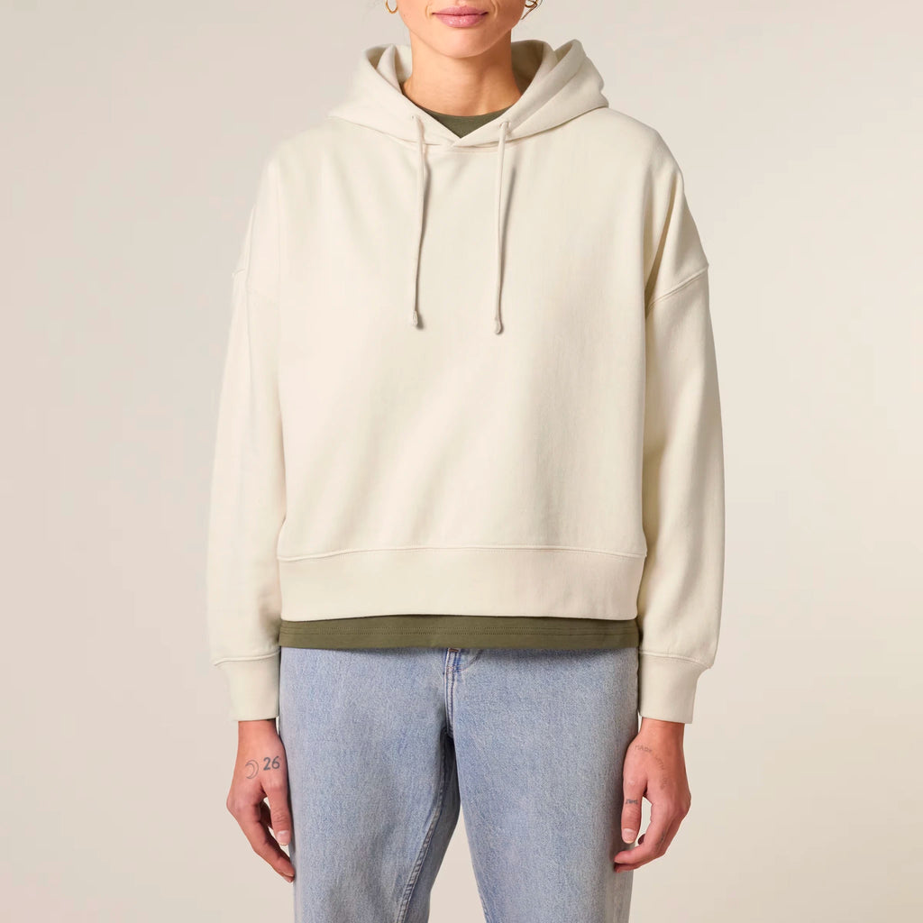 Women's Organic Crop Hoodie Natural Raw model female front Vaniform