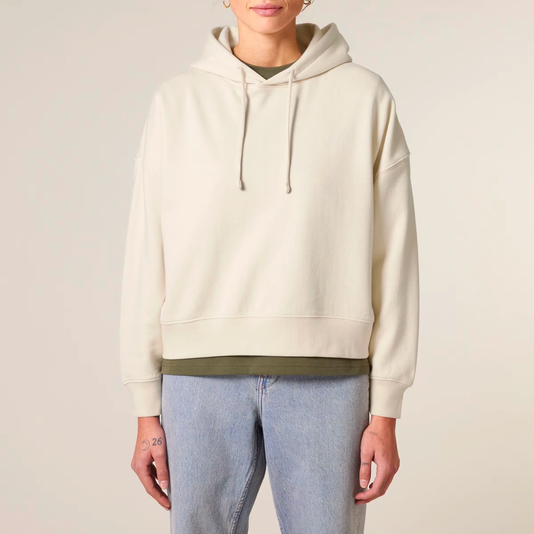 Women's Organic Crop Hoodie Natural Raw model female front Vaniform