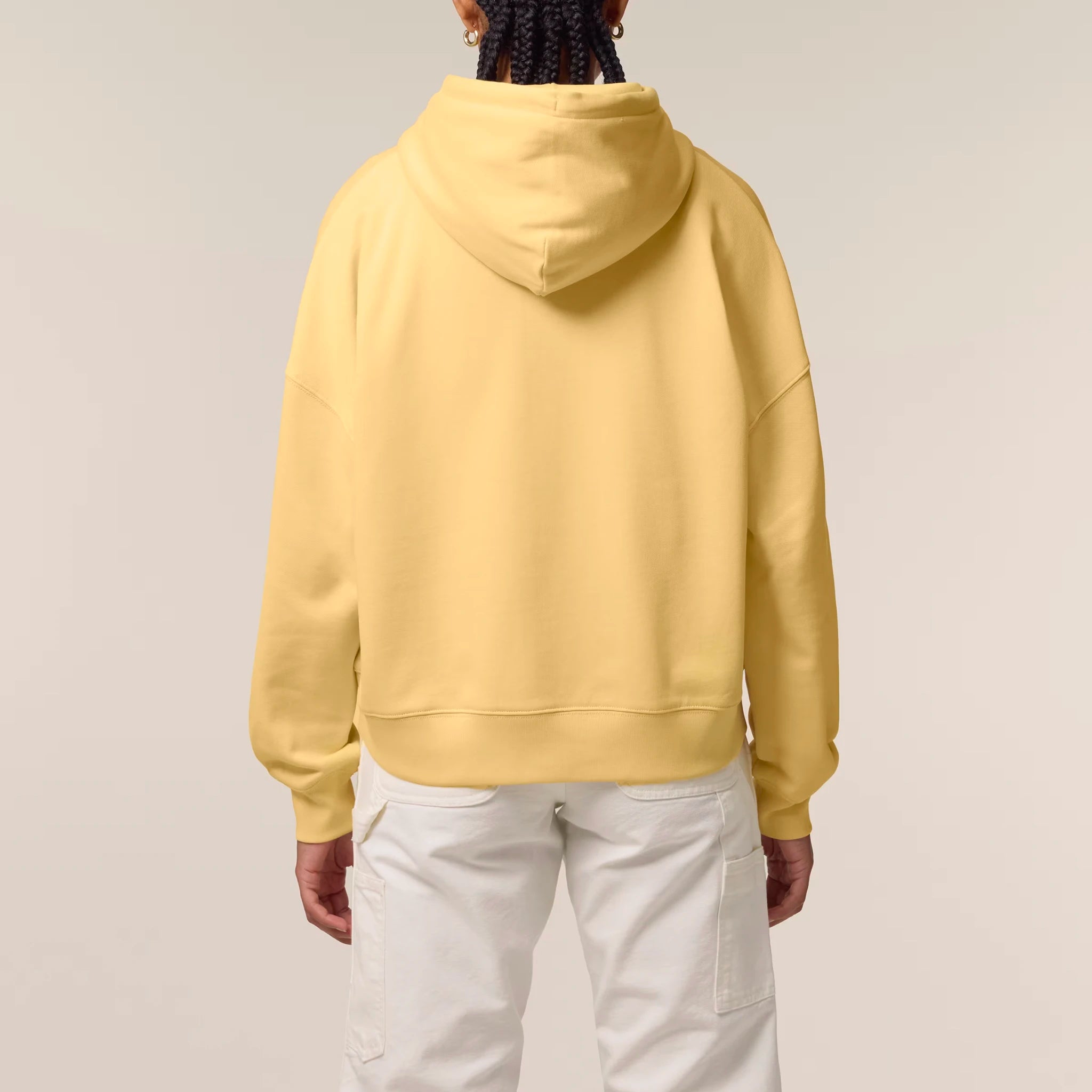 Women's Organic Crop Hoodie Viva Yellow model female back Bend Not Break