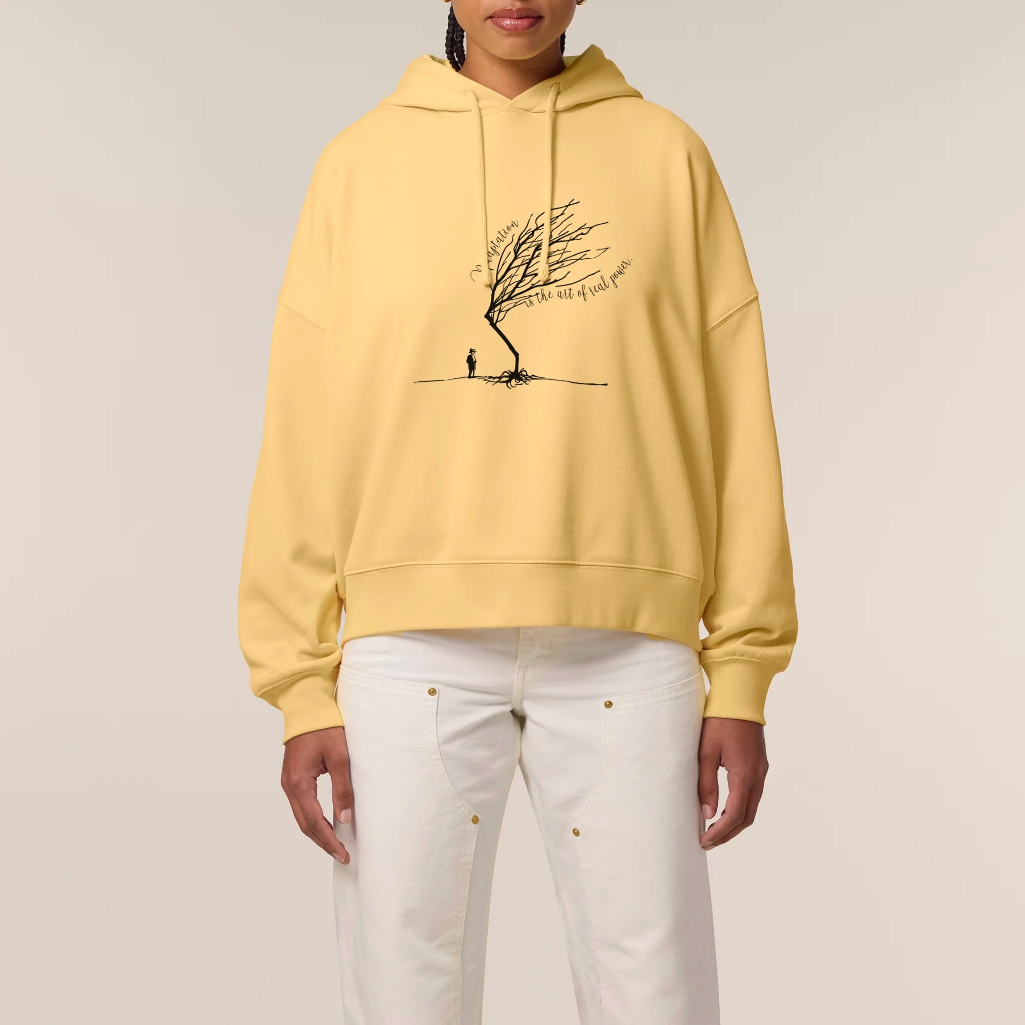 Women's Organic Crop Hoodie Viva Yellow model female front Bend Not Break