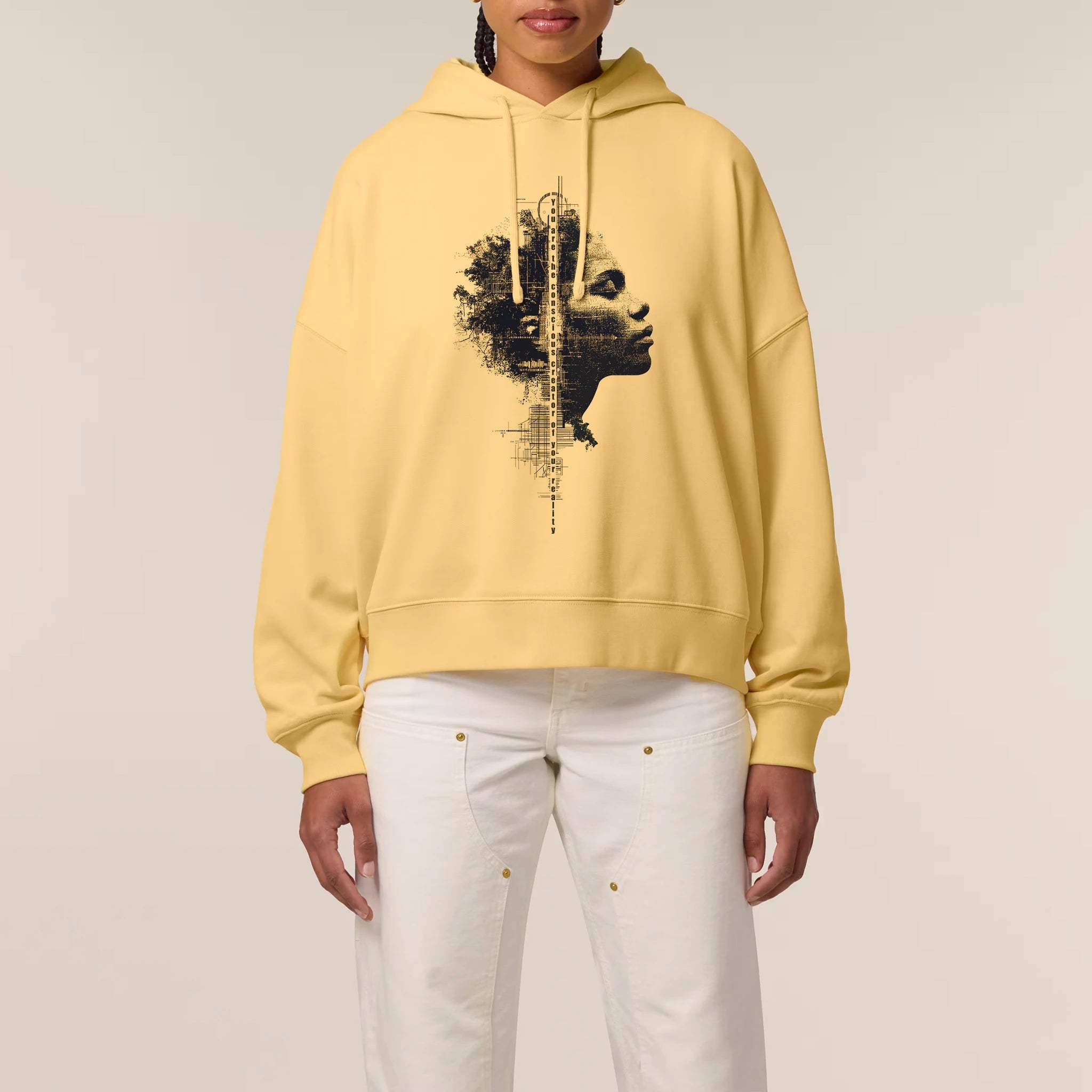 Women's Organic Crop Hoodie Viva Yellow model female front Conscious Creator