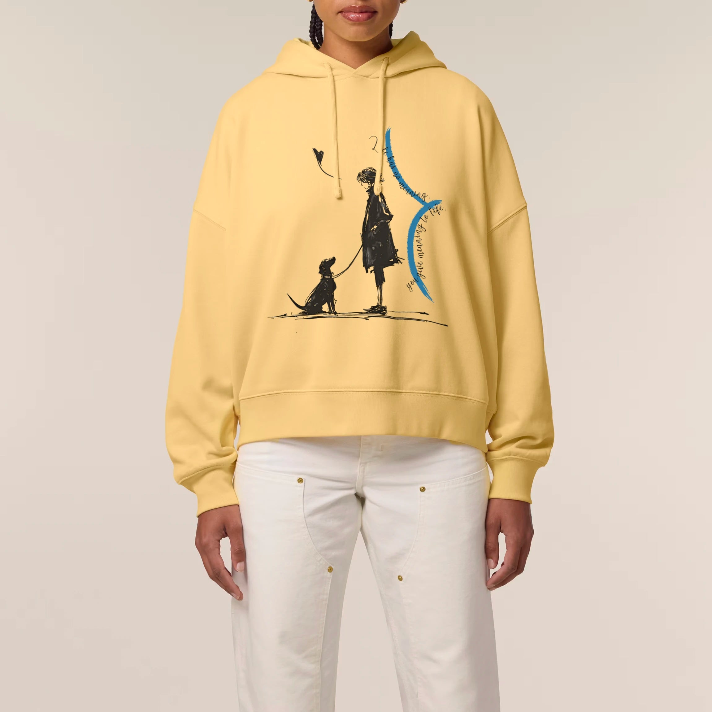 Women's Organic Crop Hoodie Viva Yellow model female front Meaningful Life