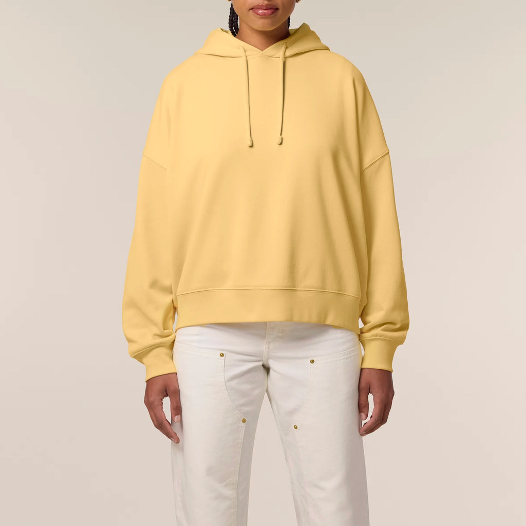 Women's Organic Crop Hoodie Viva Yellow model female front Vaniform