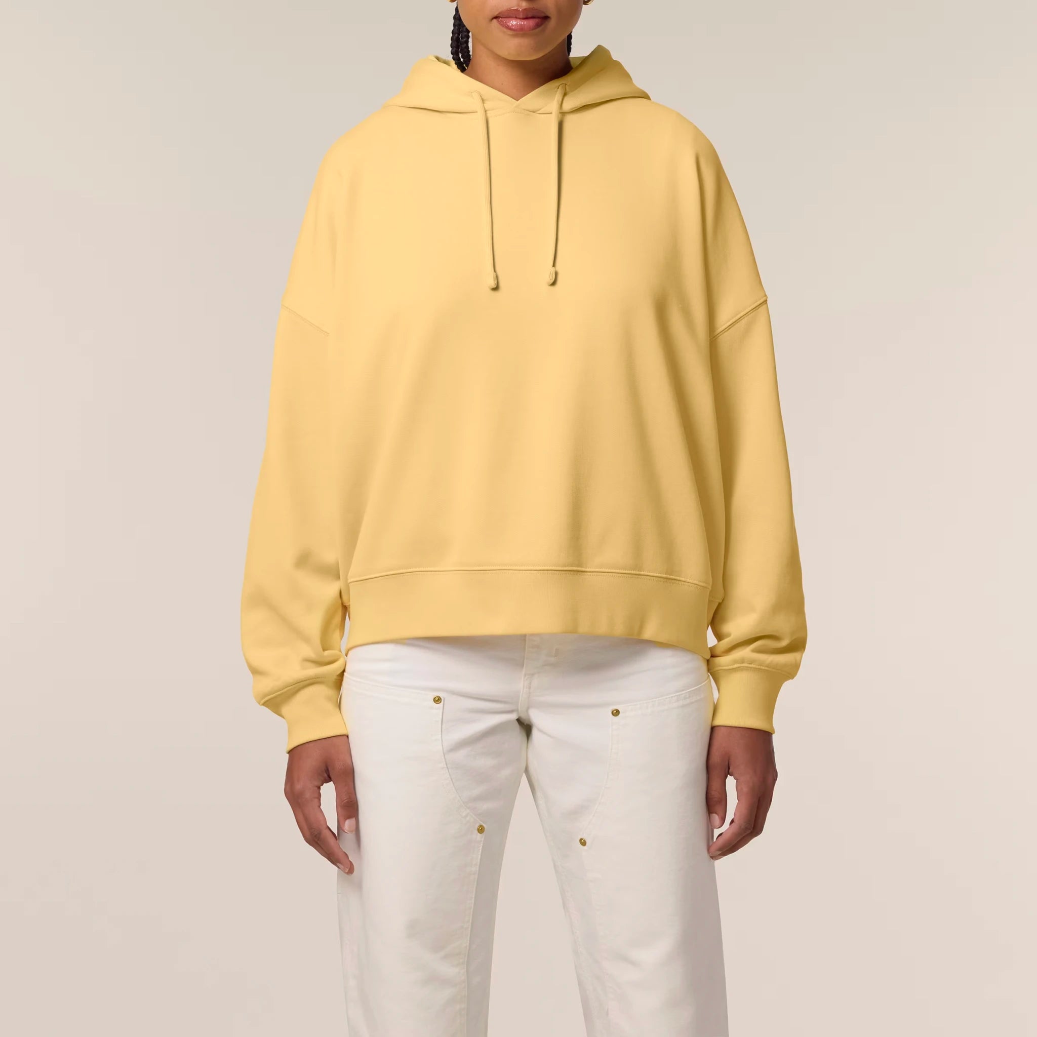 Women's Organic Crop Hoodie Viva Yellow model female front Vaniform
